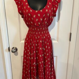 American Rag Red Floral Midi Dress with Smocked Waist